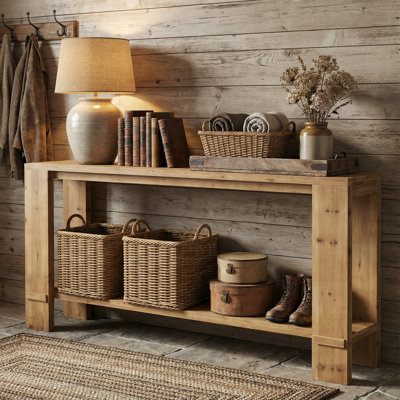 70.87" Solid Wood Console Table, Narrow Country Sofa Table with Double Shelf Storage for Entryway, Hallway and Living Room, Light Oak Brown