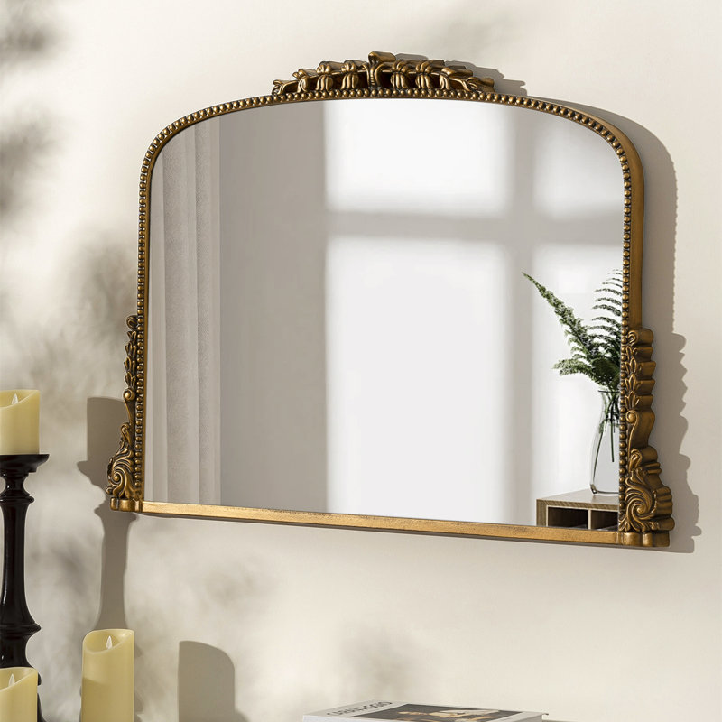 Hand-Painted Ornate Gold Arched Wall Mirror, 26'' x 35.4'', Antique Gold