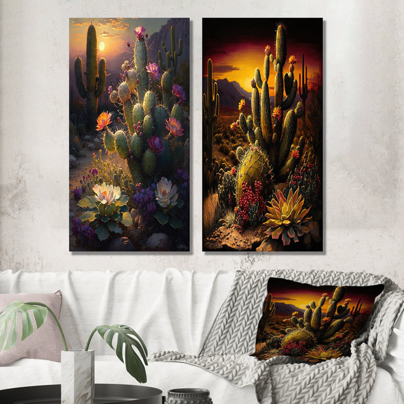 «Cactus In Desert», 2 pièces sur toile, Toile tendue, H 32 po x l 32 po
