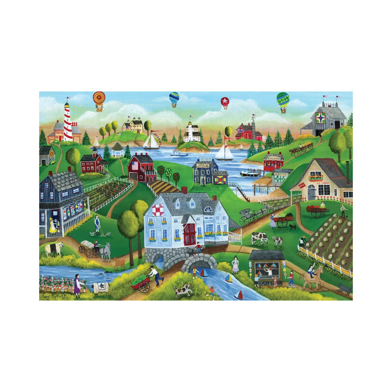 Village By The Sea With Hot Air Ballons by Cheryl Bartley - Print on Canvas, 66.04 cm H x 45.72 cm W x 1.91 cm D