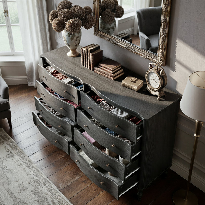 Commode 8 tiroirs l 63 po avec panneaux courbés et base en bois massif, Gris