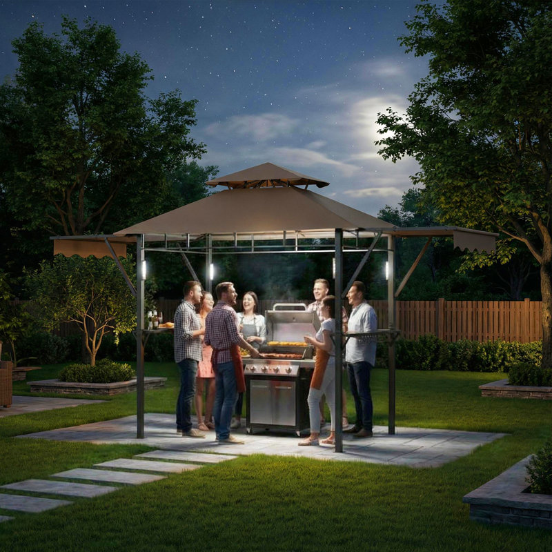 13' x 4' BBQ Grill Gazebo with Double-Tier Vented Canopy, Adjustable Side Awnings, LED Lights, Hooks & Bottle Opener – Heavy-Duty Steel Frame Outdoor Patio, Garden, or Beach Shelter