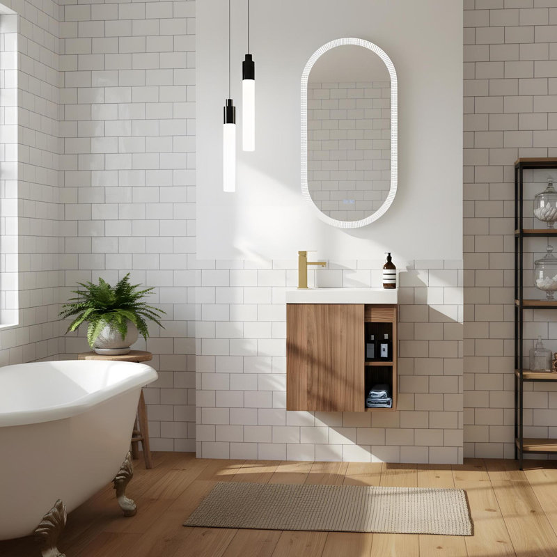 Meuble-lavabo mural 20 po avec lavabo, Noyer, Blanc