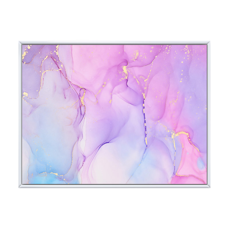 Mauve et turquoise luxueux abstrait fluide I - peinture sur toile, H 16 po x l 32 po x P 1 po, Cadre flottant blanc