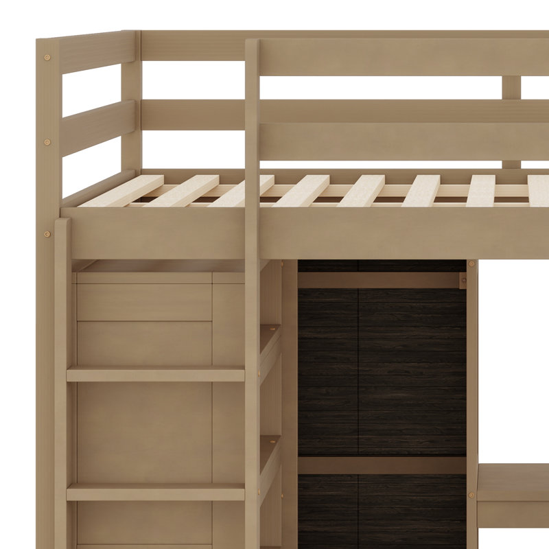 Lit mezzanine en bois avec garde-robe intégré, bureau, tablettes de rangement et tiroirs, Noyer