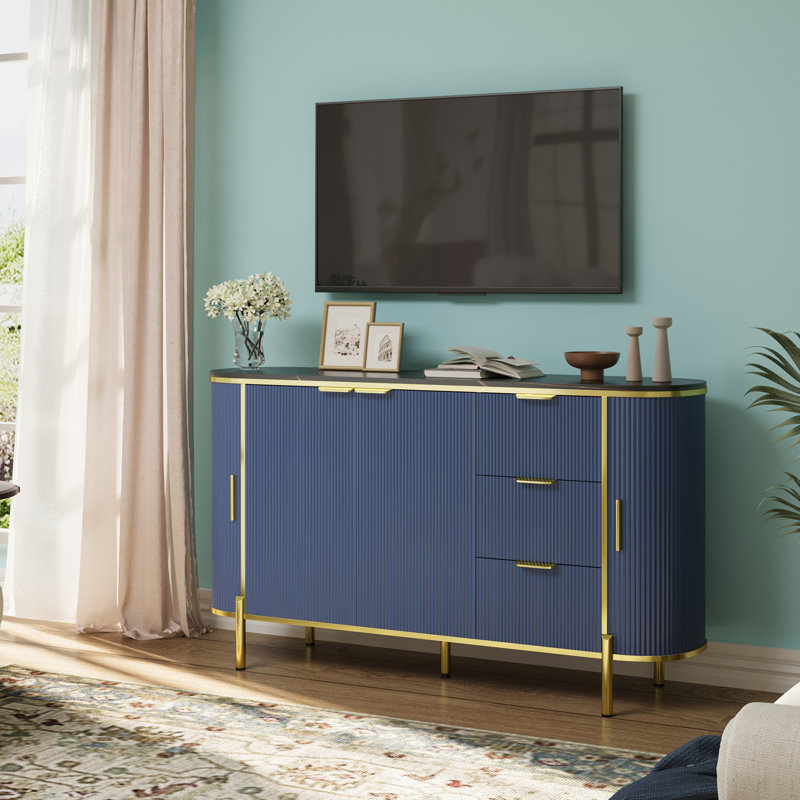 60" Sideboard Buffet Cabinet with Storage, Faux Marble Top Storage Cabinet with Curved Profile Sliding Doors, 3 Drawers & Adjustable Shelves