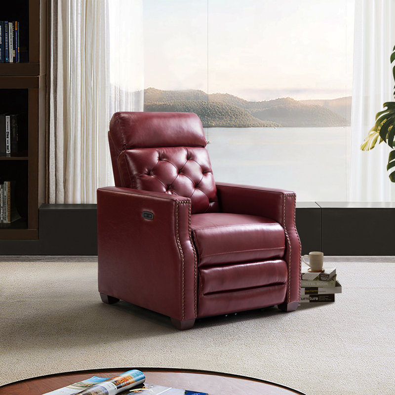 Gumesindo 31.50" Wide Genuine Leather Power Recliner, Burgundy Genuine Leather