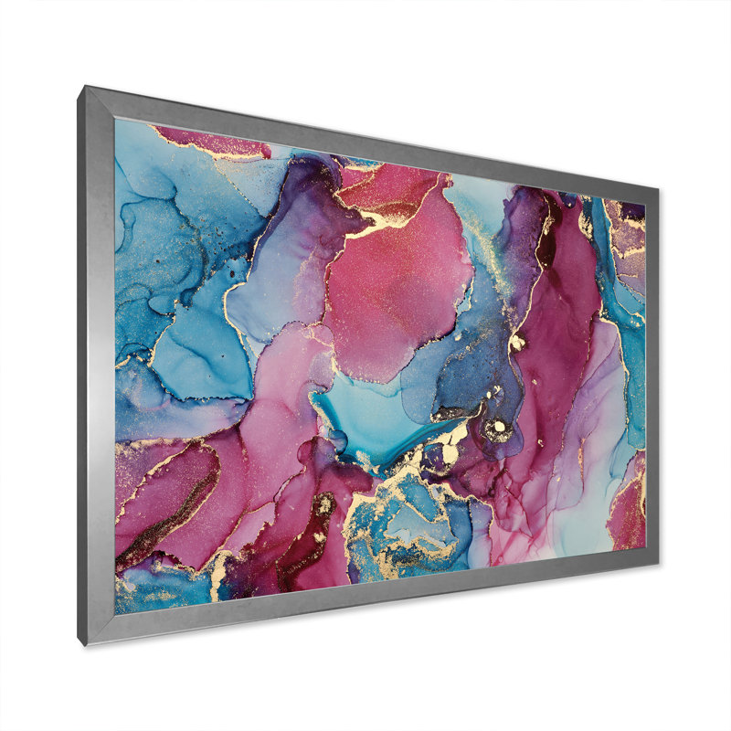 Bleu et mauve luxueux abstrait fluide - Peinture sur toile, H 34 po x l 44 po, Cadre de coin argenté fermé