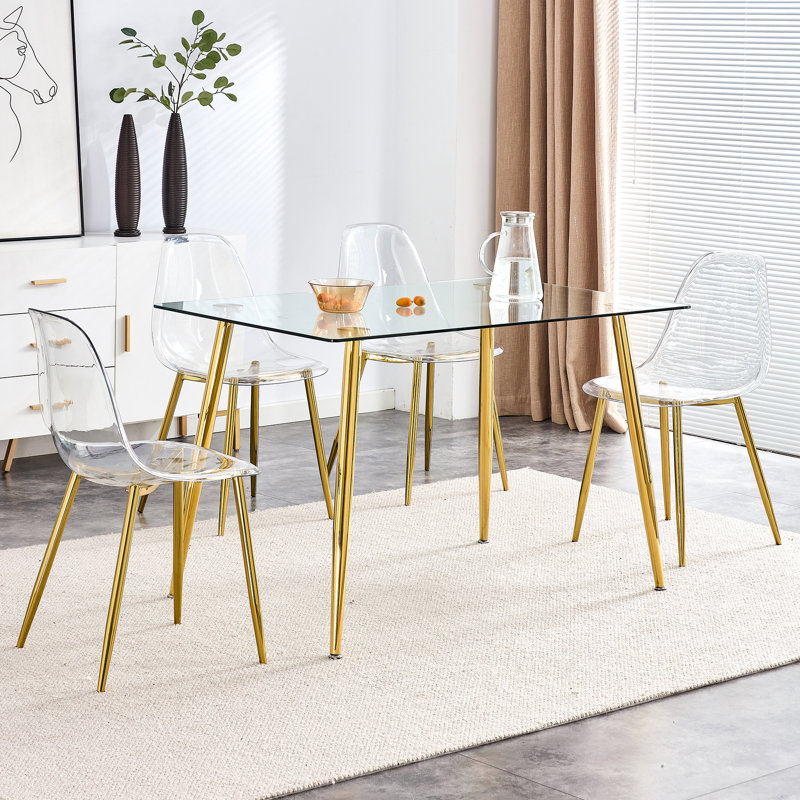 Chaise de salle à manger moderne et transparente, chaise en plastique sans accoudoirs, chaise en cristal, tabouret de maquillage nordique, ensemble de 4 chaises en métal plaqué or