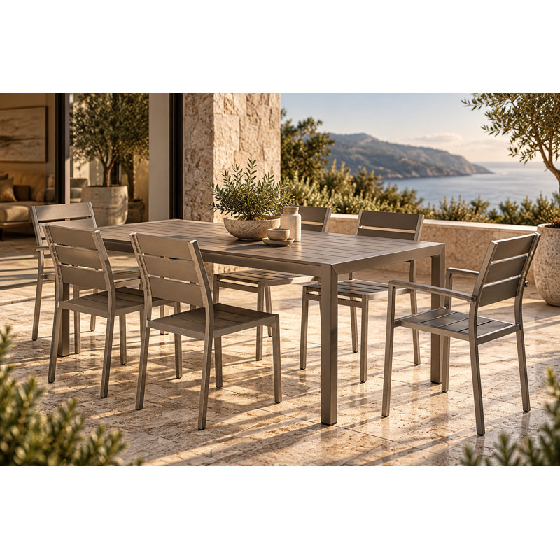 Ensemble de salle à manger d'extérieur Devan 6 personnes en aluminium avec table rectangulaire – Mobilier de patio moderne avec structure antirouille, lattes en polyrésine, chaises empilables et trou pour parasol, coloris gris