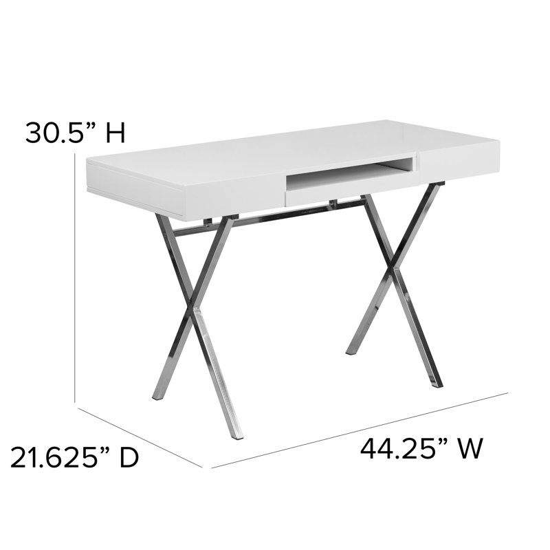 Sleek White 44.25'' Computer Desk with Chrome X-Trestle Base and Keyboard Tray