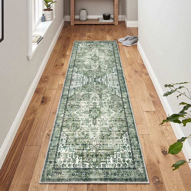 Washable Oriental  Area Rugs Non slip Green Rugs, Runner 2' x 6'