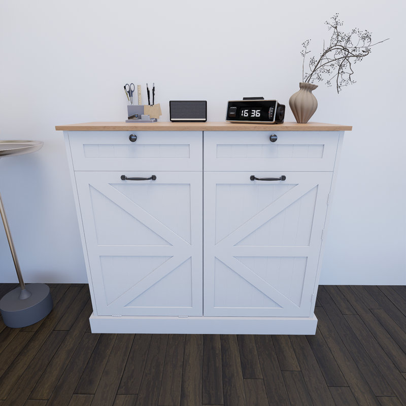 White Kitchen Trash Can Storage Cabinet With 2 Drawers And 1 Tilting Trash Cabinet And 1 Door With Storage Rack And 2 Shelves