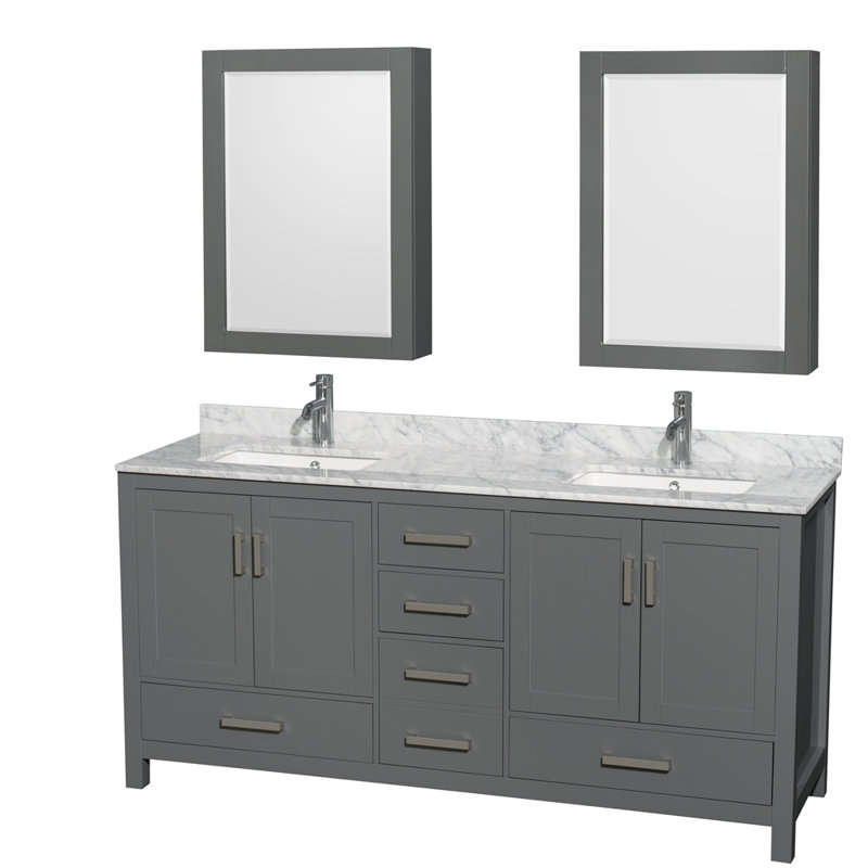 Sheffield 72" Freestanding Double Bathroom Vanity with Marble Top with Medicine Cabinets, Dark Gray, Brushed Chrome