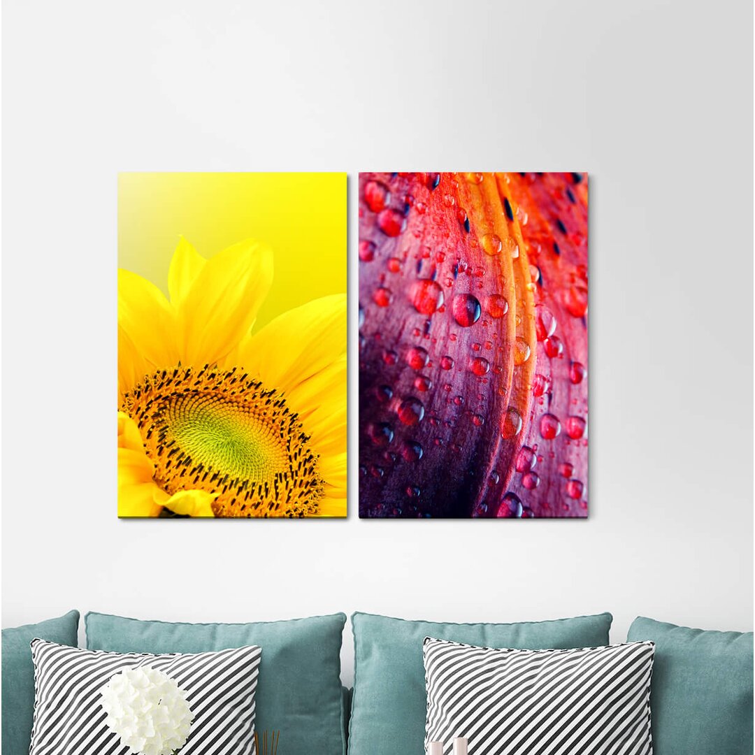 2-tlg. Leinwandbilder-Set - Fotografie „Sunflower Yellow Summer Water Drops Blossom Refreshing”