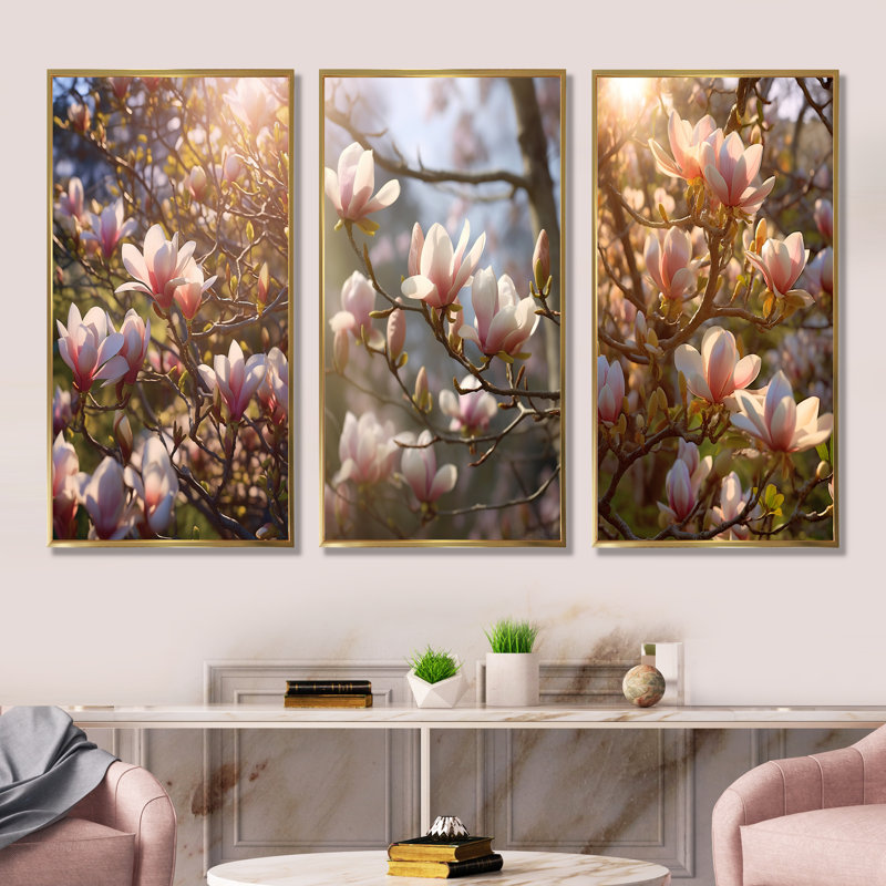«Pink Magnolias Tree Field Bliss Photo», ensemble de 3 impressions d'art mural Magnolias, Cadre flottant doré