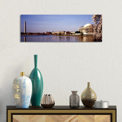 USA, Washington DC, Washington Monument And Jefferson Memorial, Tourists Outside The Memorial by Panoramic Images - Wrapped Canvas Panoramic Print