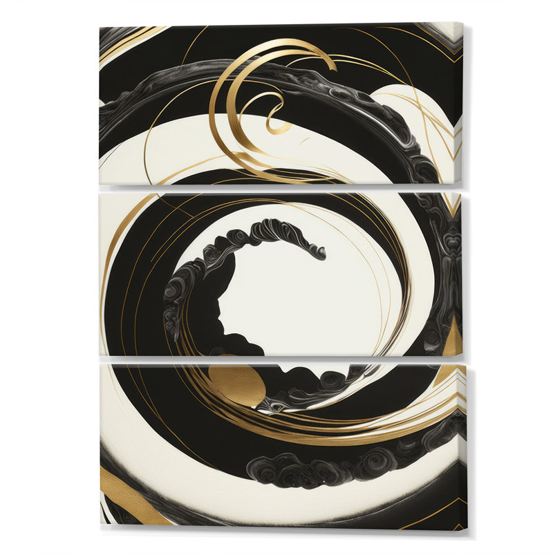 Hansin noir, argent et or mélangeant des tourbillons VI sur toile, 3 pièces