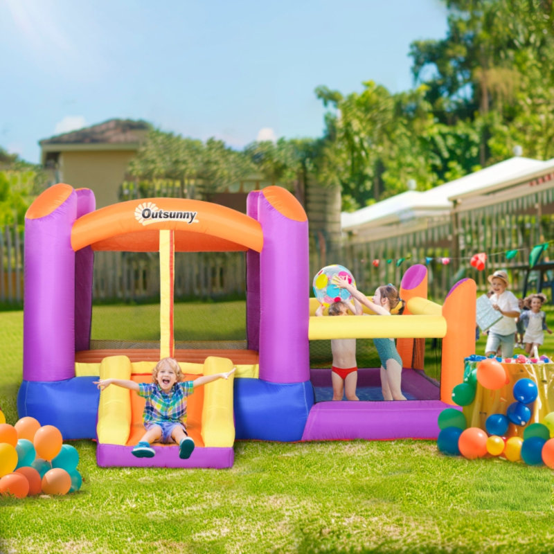 3-in-1 Kids Inflatable Bouncy Castle With Trampoline Slide Water Pool, 840d Oxford Bounce House With Blower For Ages 3-8, Multi-color 2.8x2.5x1.7m