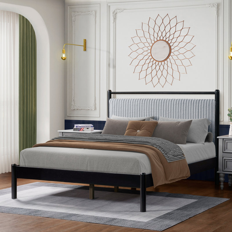 Structure de lit double en bois avec tête de lit moelleuse, cadre gris et noir, Lit double