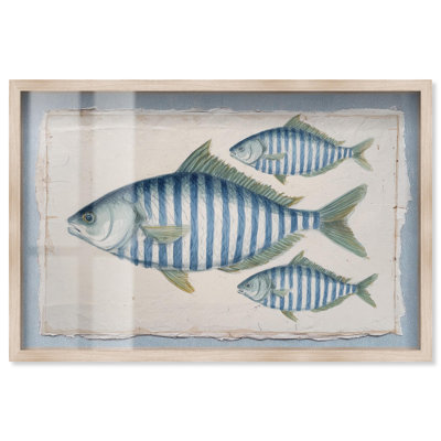«Stripes of the Sea I Shadowbox», art mural de cuisine par Art Remedy, cadre blond, 25 x 17