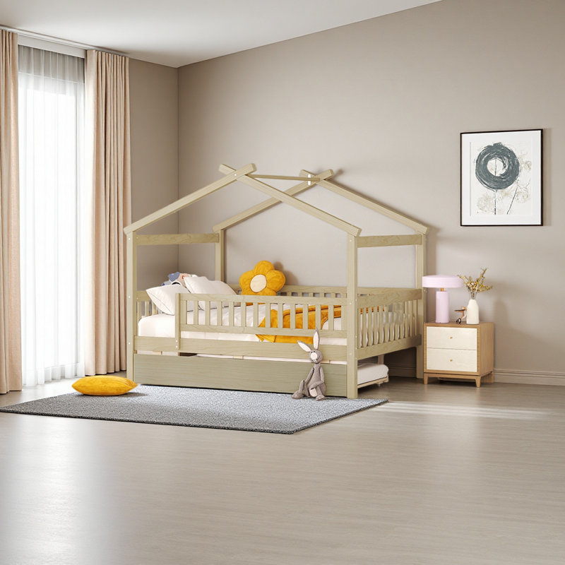 Lit en bois avec lit gigogne simple, Lit double, Naturel
