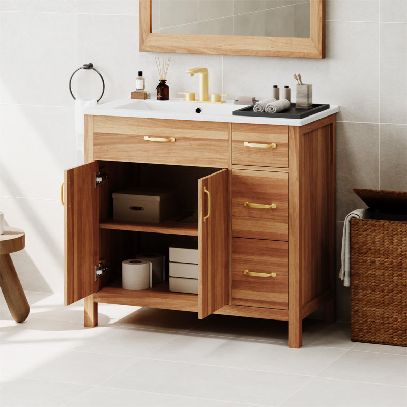 Meuble-lavabo de 36 po en bois avec cadre en bois massif en céramique avec tiroir, porte et armoire de rangement