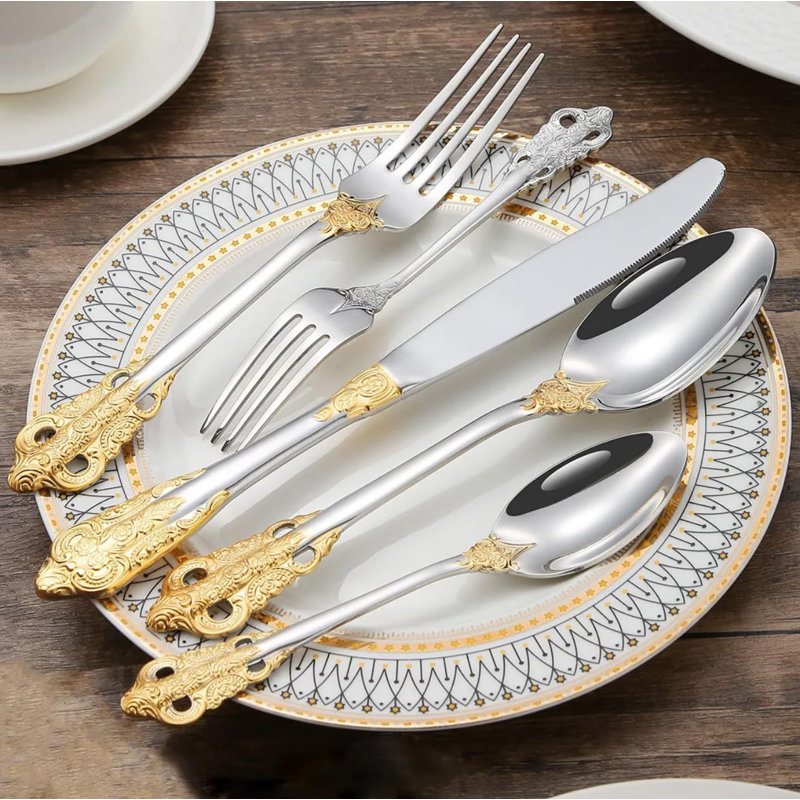 Rosdorf Park 20-Piece Luxury Silverware Set, 304 Stainless Steel Flatware Set With Gold Accents, Mirror Polished Cutlery Set For Fine Dining And Special Occasions