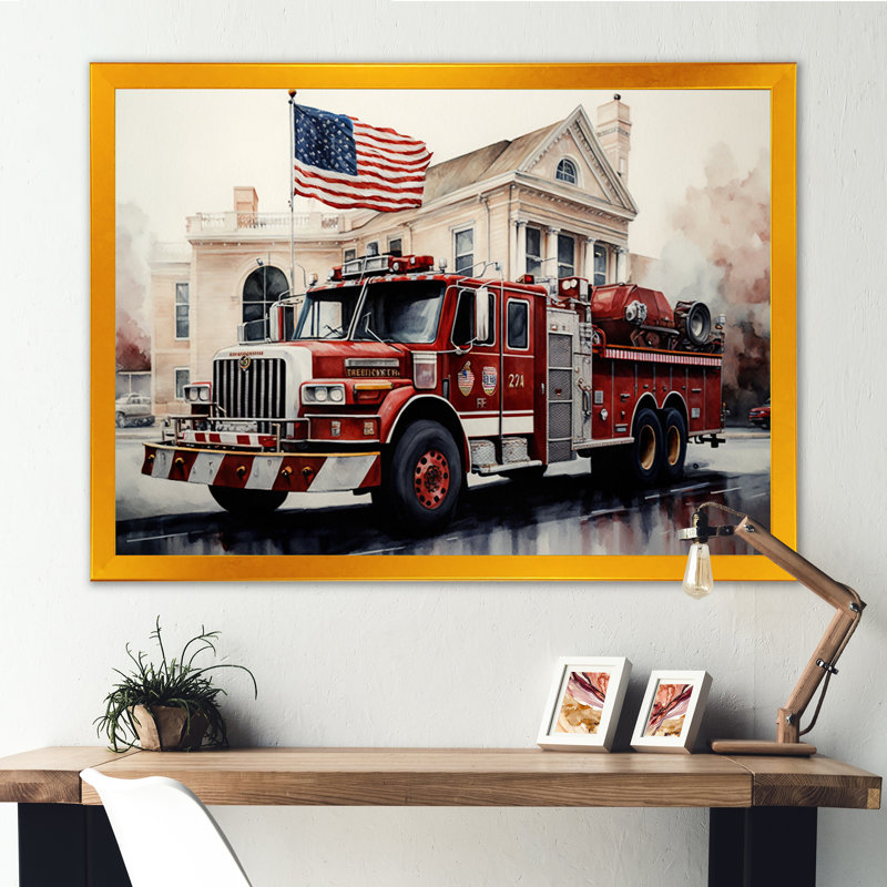 Fiery Pursuit I - Camion de pompiers, Cadre doré simple, H 24 po x l 32 po x P 1 po