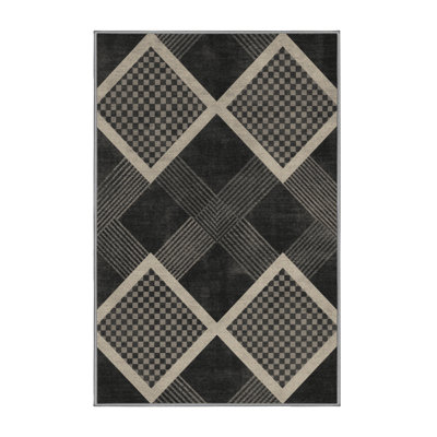 Machine Washable Parkchester Art Deco Checkered Rug in Brown – Grey Binding