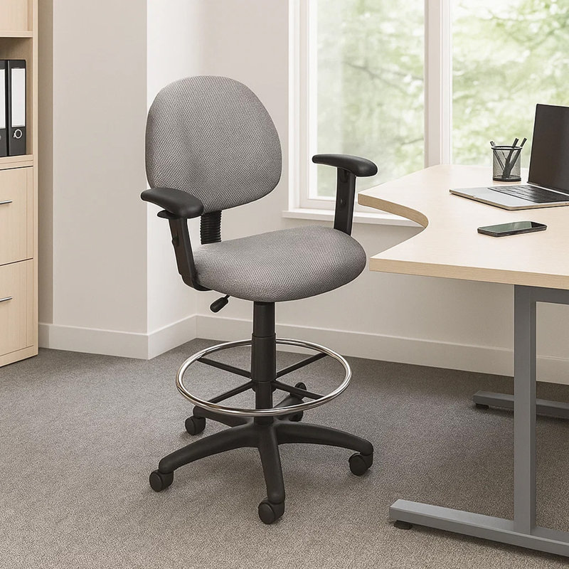 Jea Drafting Stool Chair, Adjustable, Gray Tweed, Round Footring, Gray