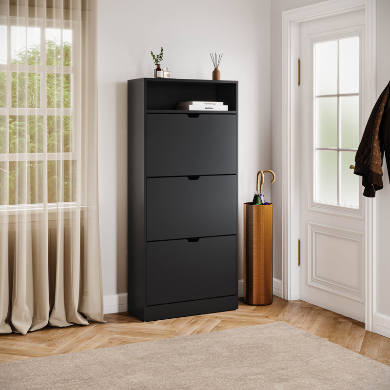3 Drawer Shoe Cabinet with Open Shelf Modern Storage Furniture for Hallway Living Room Bedroom, Black