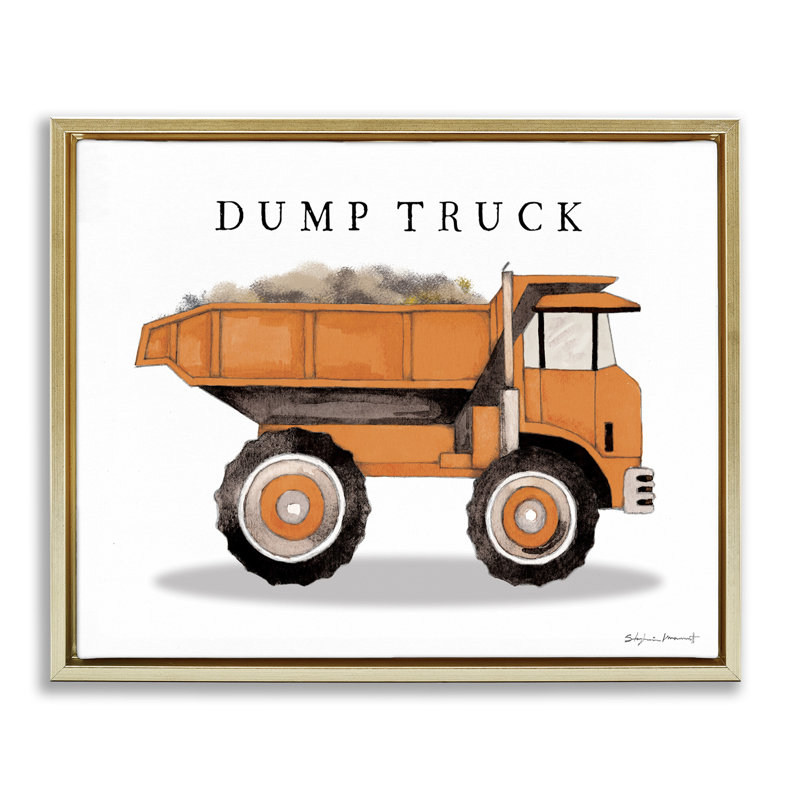 "Dump Truck Construction", art mural encadré par Stephanie Workman Marrott, Cadre flottant métallique doré, H 17 po x l 21 po