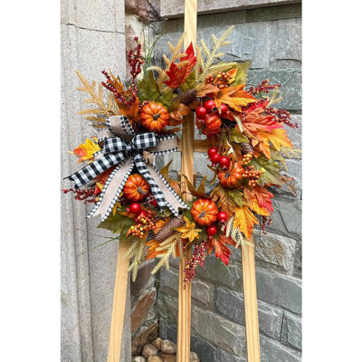 Fall Maple Leaf Wreath for Front Door with Buffalo Check Bow, Rustic Harvest Wreath with Pumpkins, Pinecones and Berries for Farmhouse Porch, Thanksgiving, Halloween and Seasonal Home Décor