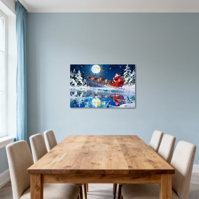 Noël, père Noël, traîneau, renne, lune de neige, reflet, scène de Noël, H 12 po x l 18 po