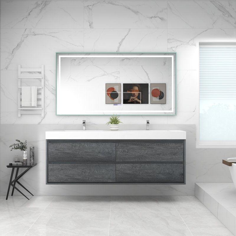 72'' Double Bathroom Vanity with Acrylic Top, Smoke Oak