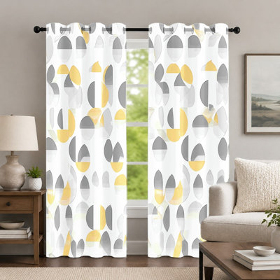 2 pièces rideaux à motifs géométriques jaunes et gris, rideaux de style Mid-Century, rideaux à œillets à imprimé demi-cercle minimaliste moderne, habillage de fenêtre pour le décor de la chambre à coucher