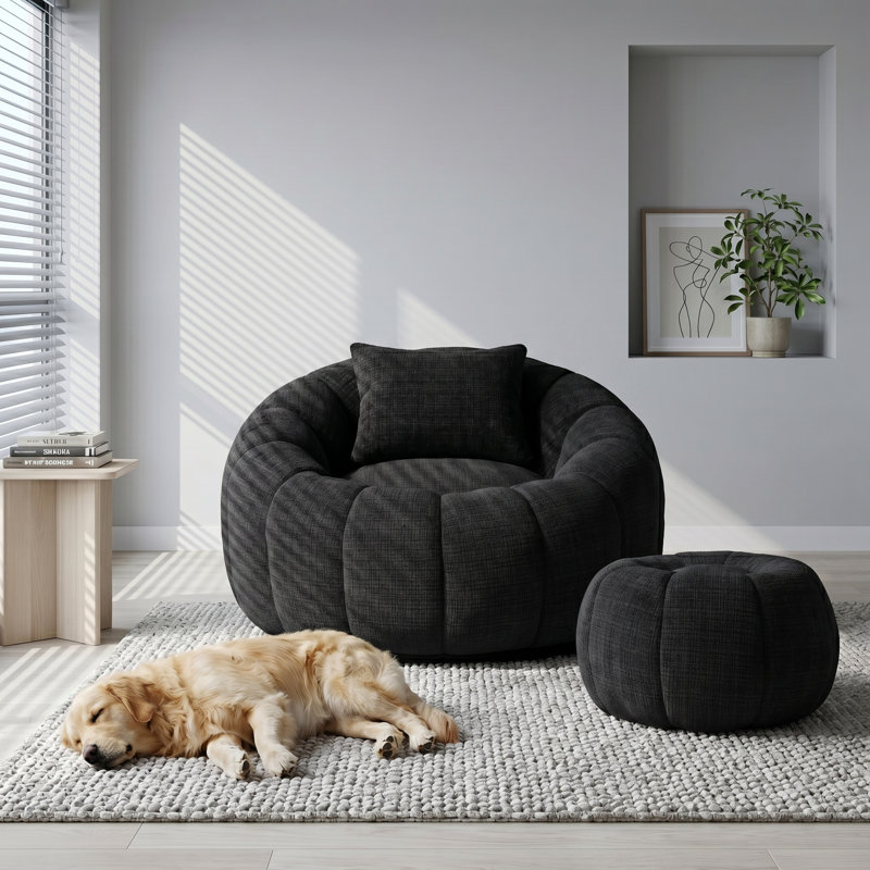 Ensemble de fauteuil à billes et de repose-pieds en mousse viscoélastique Cloud-Like, Chenille noir