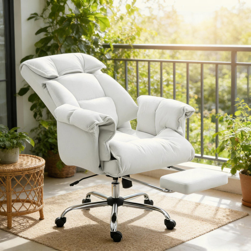 Chaise de bureau inclinable avec repose-pieds, chaise de bureau à haut dossier, Blanc, crème