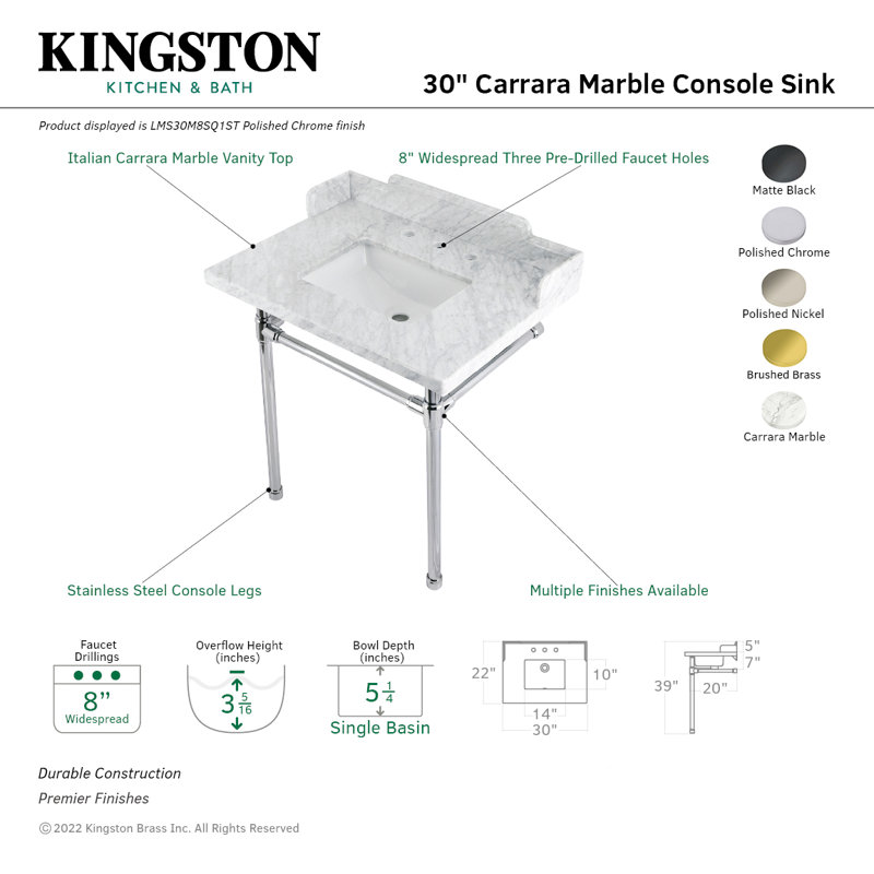 Kingston Brass Wesselman 30-Inch Carrara Marble Console Sink with Stainless Steel Legs (8-Inch, 3-Hole)