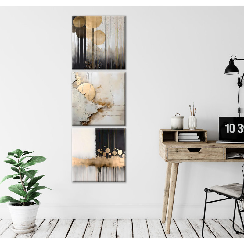 Elegant Decorative Canvas Painting Set (3 Pieces), Gold & Black, 11.8 x 11.8 inches Each | 50% Cotton / 50% Polyester with 100% Wooden Frames (Thickness: 0.8 inches) | Stunning Wall Art for Modern Home Décor