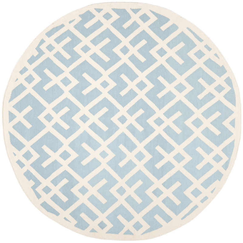 Fung Hand Woven Flat Weave Wool/Cotton Geometric Rug in Light Blue/Ivory, Round 8'