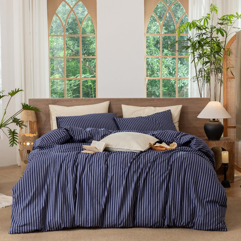 MooMee Striped Duvet Cover Set 100% Washed Cotton Linen Like Textured, King Duvet Cover + 2 King Pillowcases