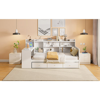 Twin Size Wooden Daybed With 3 Large Drawers, Ports Desk In White - And Modern Twin-Size Strong Pine Wood For Bedroom