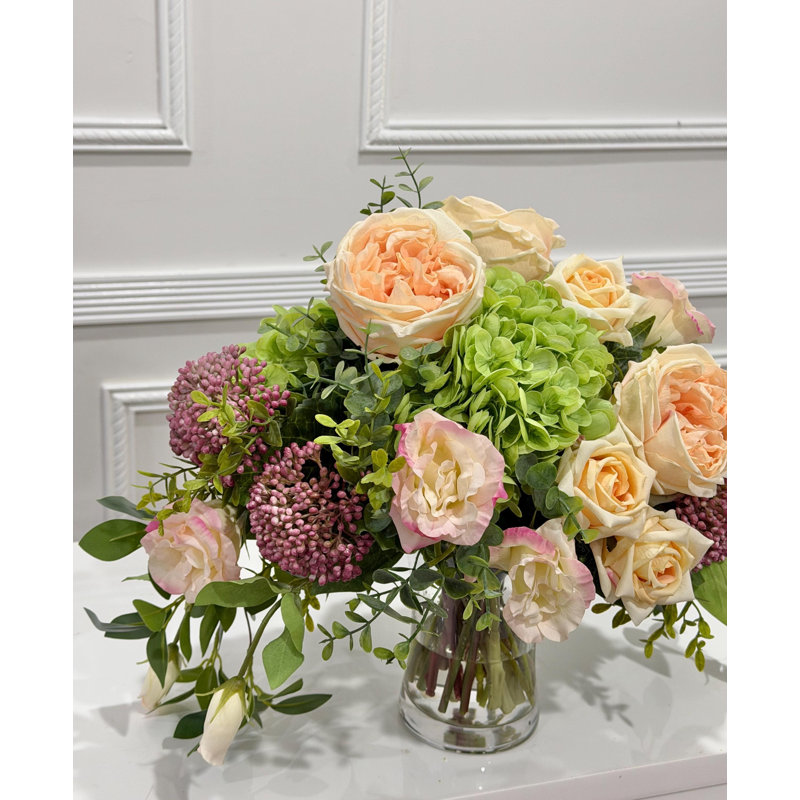 17 Inch Real Touch English Rose, Lisianthus, and Hydrangea Centerpiece in Clear Glass Vase, Faux Floral Arrangement, Elegant Dining Table and Living Room Decor