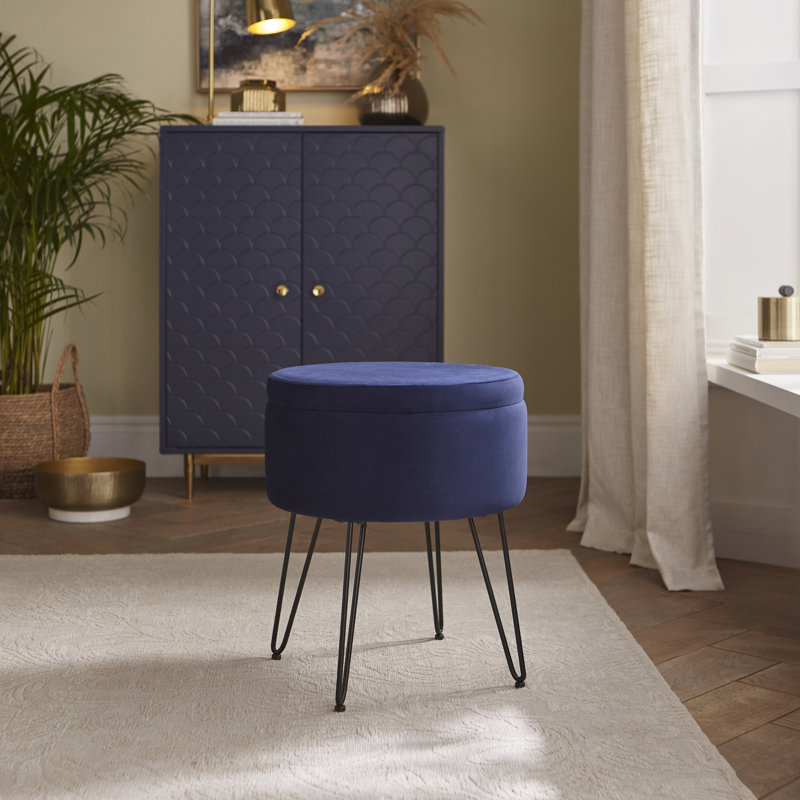 Tamicka 38cm Wide Velvet Round No Pattern Pouffe Ottoman with Storage, Blue
