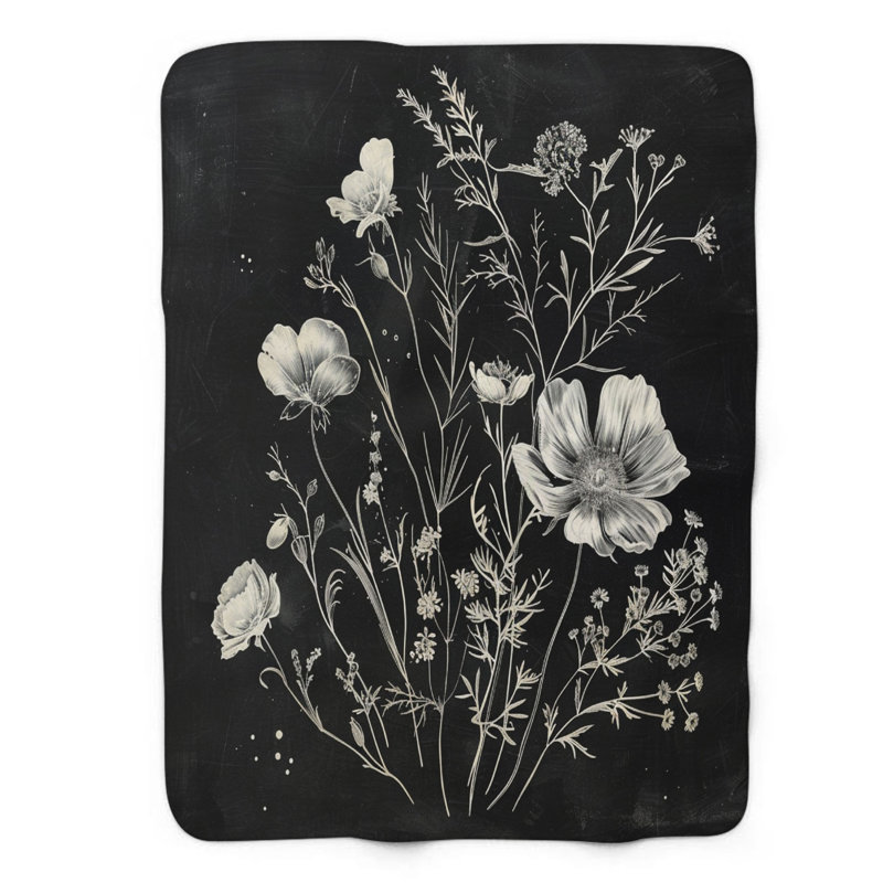 Floral noir et blanc - couverture en sherpa de qualité supérieure 1 pièce, Grand lit