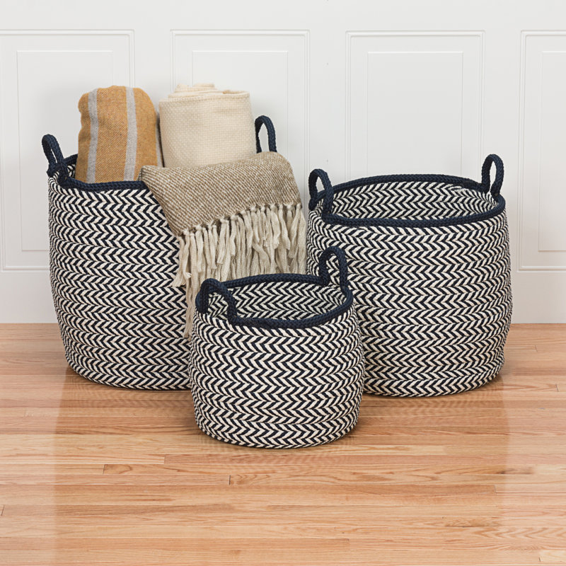 White and Navy Chevron Patterned Round Polypropylene Storage Basket