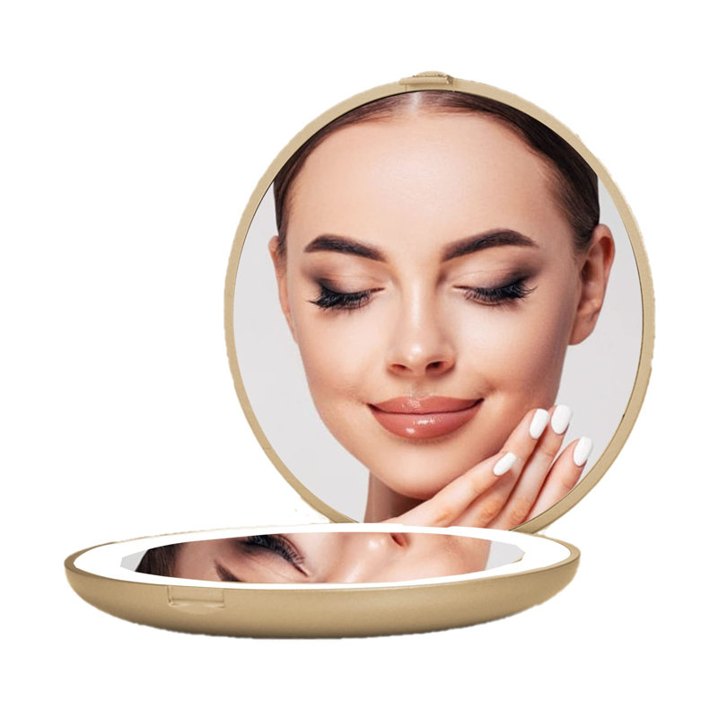 Infinity LED Compact Mirror with Strip Light, Bifold Wireless Compact Mirror with Magnifying Glass, Champagne Gold