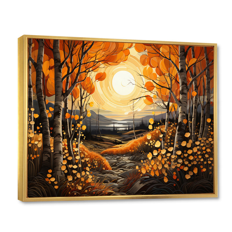 Birch Woods Gilded Pathway VI - Imprimé, Cadre flottant doré, H 24 po x l 32 po x P 1 po